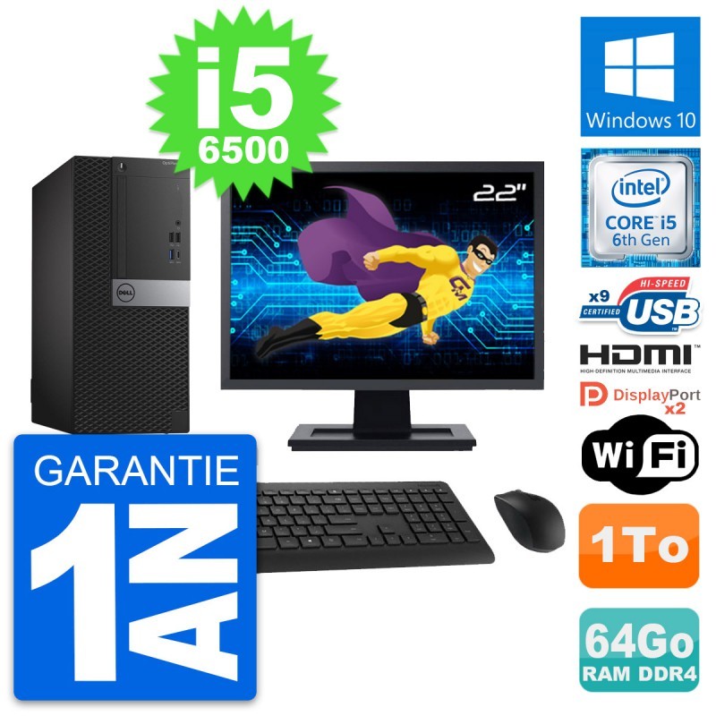 PC Tour Dell 7050 Ecran 22" i5-6500 RAM 64Go Disque 1To HDMI Windows 10 Wifi