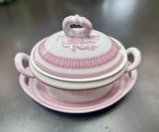 Antique English Ironstone Pink White Covered Tureen Transferware Wheatgrass