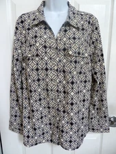 NEW!! NOTATIONS Sz L Blouse Roll-Tab Sleeves Geometric Design Pockets Office