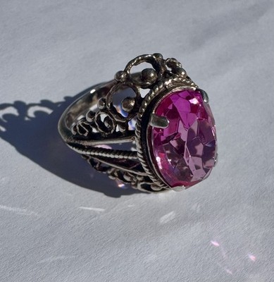 Vintage USSR 875 Silver Ring Soviet Pink Synthetic Corundum, Floral Design