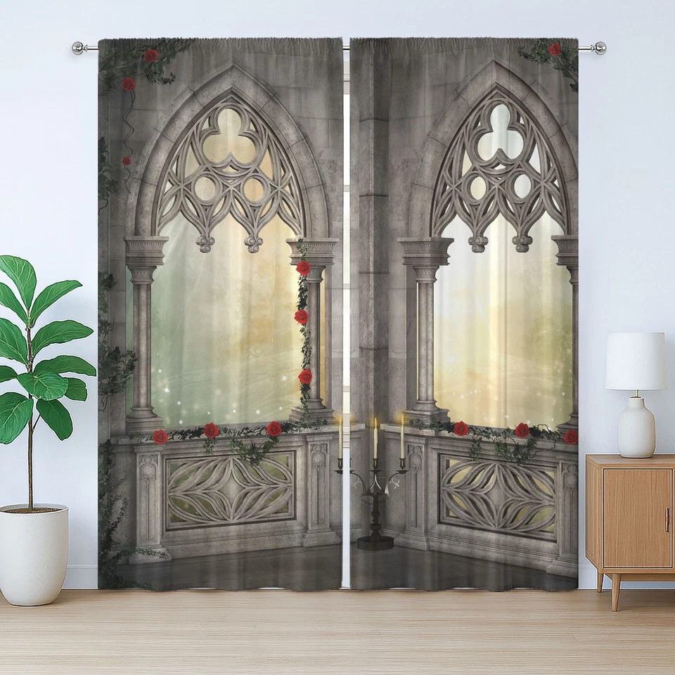 Juego de 2 paneles cortinas góticas orientales rosas y flores para ventanas 108x84 pulgadas Foto 2 de 2