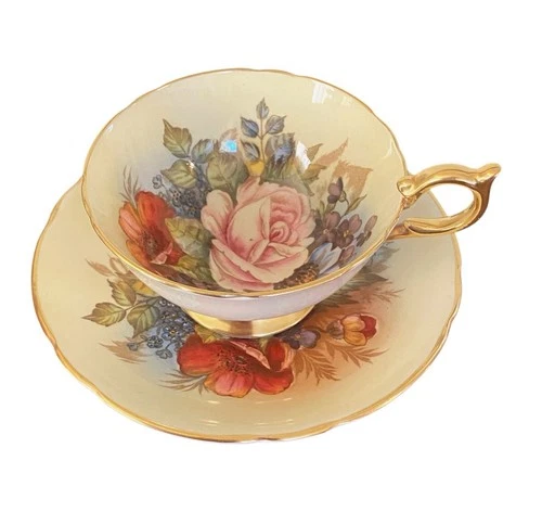 Vtg Aynsley Pink Cabbage Rose Bone China Tea Cup& Saucer Gold Gilded Signed- Eng