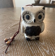 Vintage Hanging Bisque Pottery Owl Figurine Wood Beads On Cord 4  