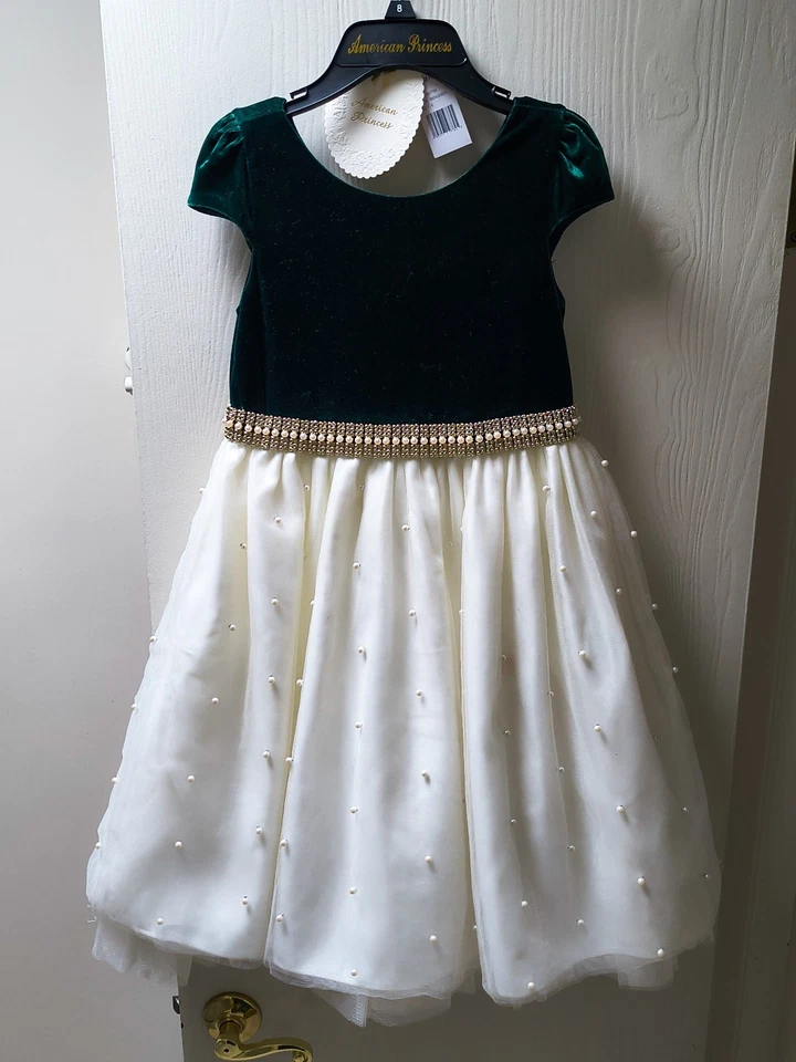 Vestido AMERICAN PRINCESS Niñas Pequeñas Talla 8 Verde Terciopelo/Marfil Perla Estrás Foto 2 de 4