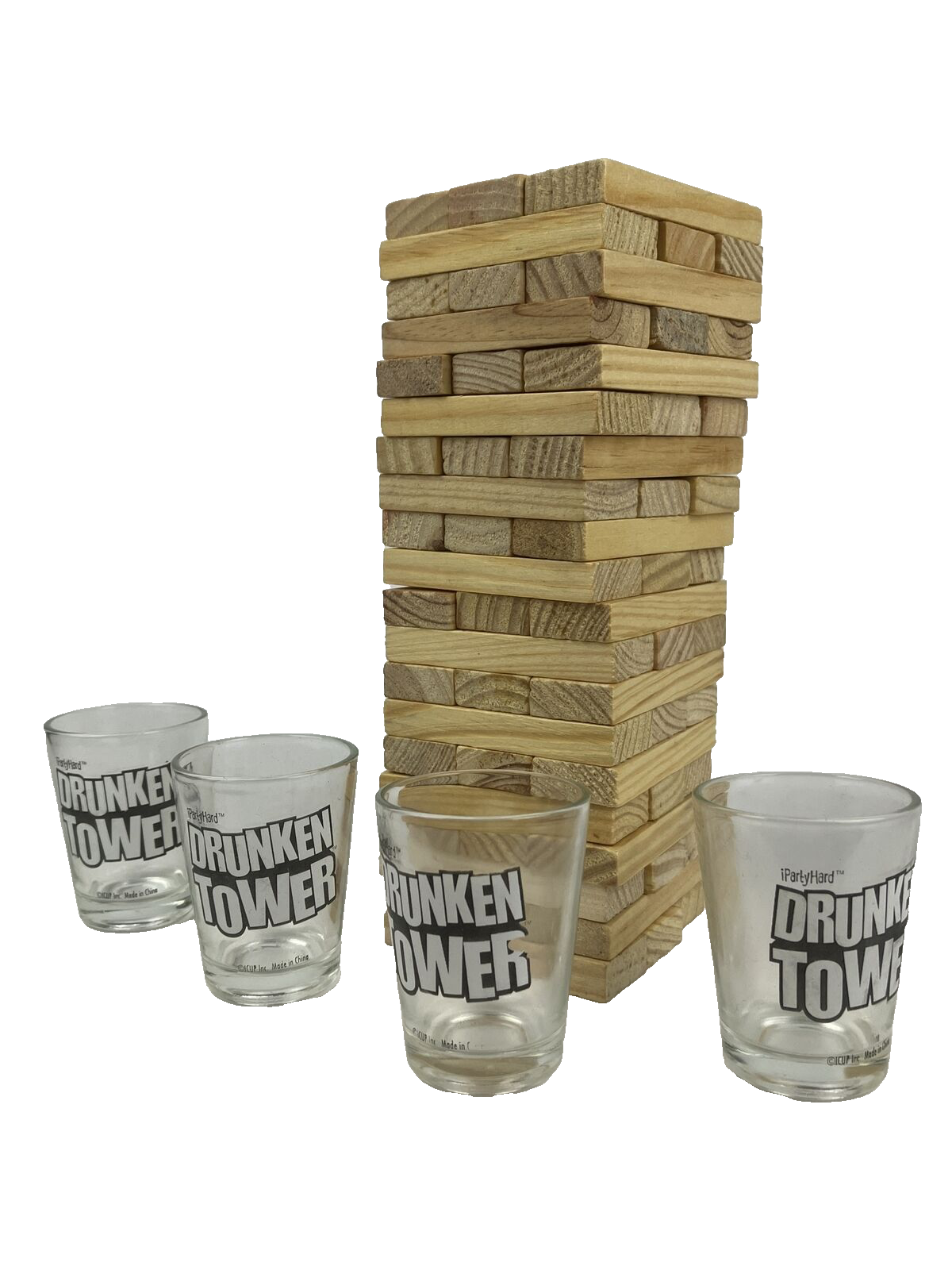 Wooden Tipsy Drunken Tower Fun Adults Party Drinking Game with 4 x Shot Glasses
