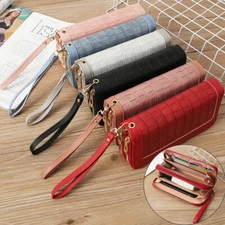 Women's Double Zipper Long Handbag Leather Wallet Phone Holder Clutch Purse US