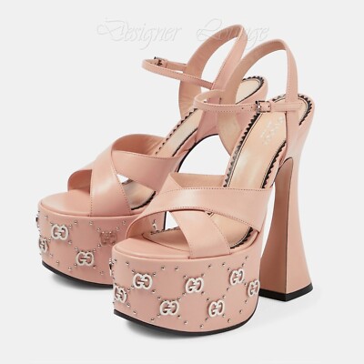 NEW GUCCI Janaya Interlocking GG Studs Rose Leather Platform