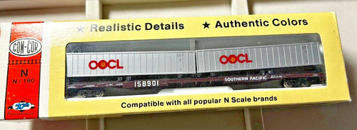 Coche plano Con-Cor 01207B escala N 90' piggyback Southern Pacific #158901 marrón nuevo en caja | Zustand: New