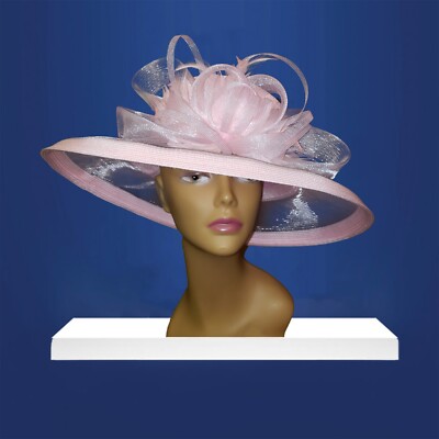 Baby Pink Straw Look Wide Brim Hat With Crinoline Brim and Feather Loops