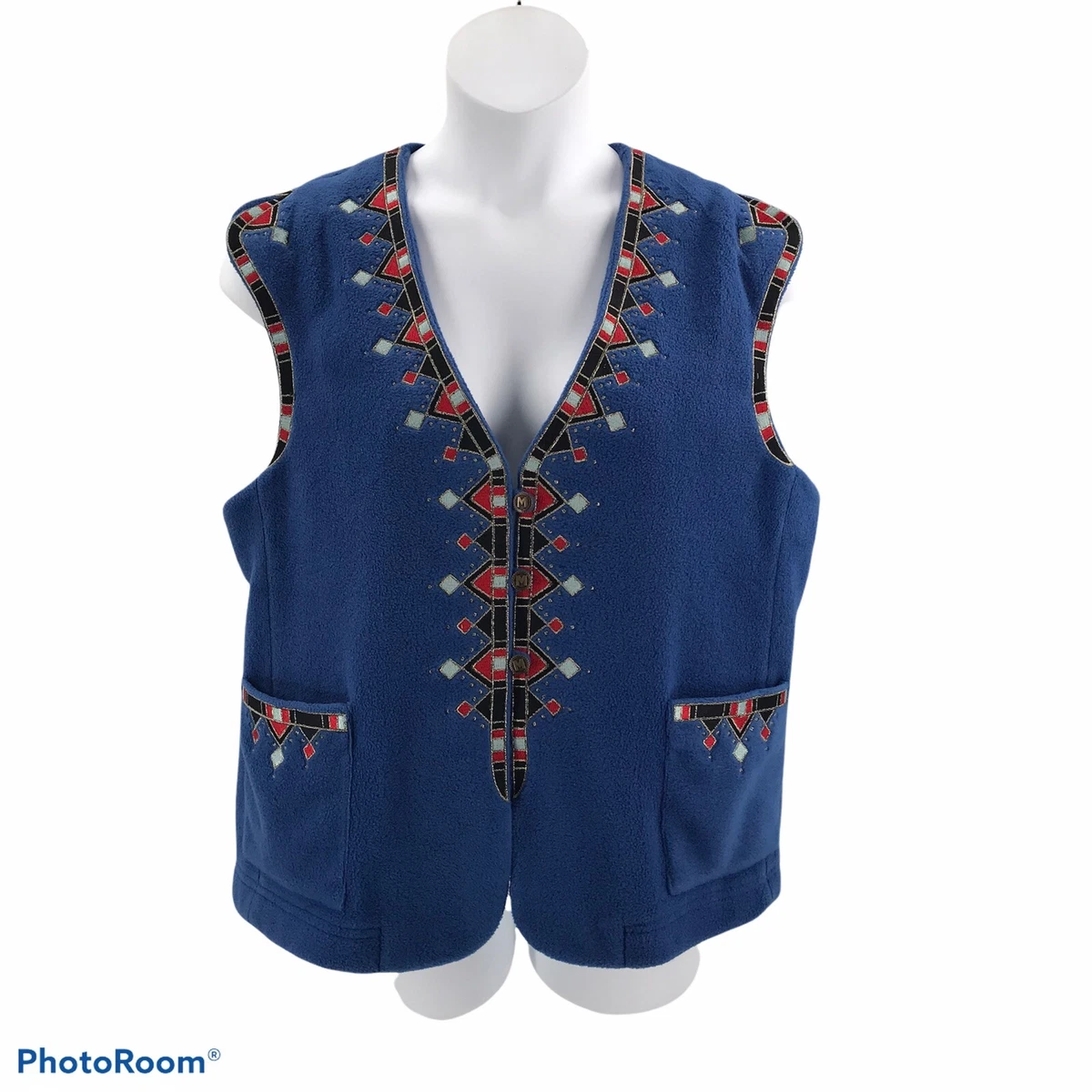 Bob Mackie Wearable Art Fleece Vest size Large Blue Embroidered Buttons Pockets