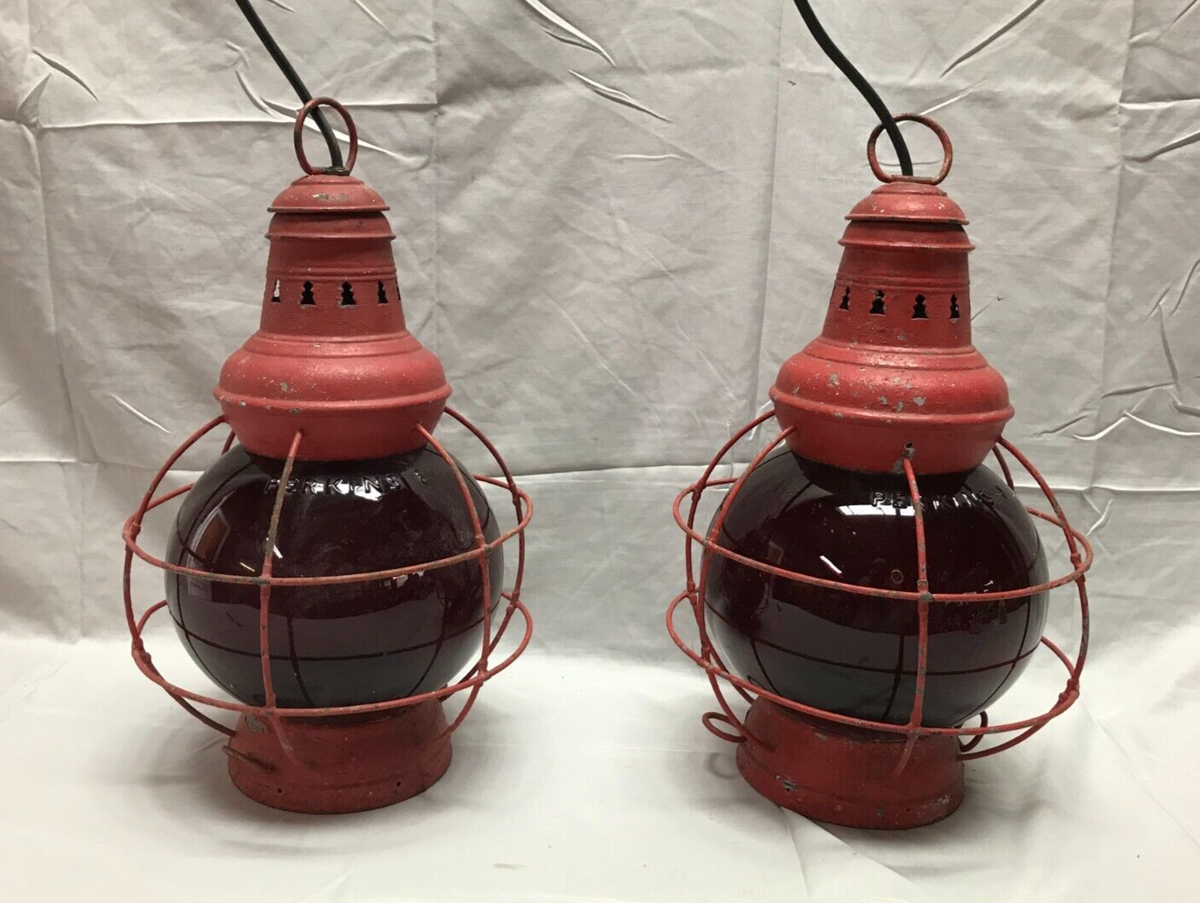 Antique Pair Nautical Ruby Red Glass Globes Perkins Hanging