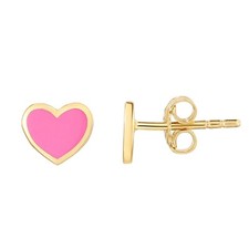 Heart Shape Earring 14k Yellow Gold With Pink Enamel 8mm Heart Butterfly