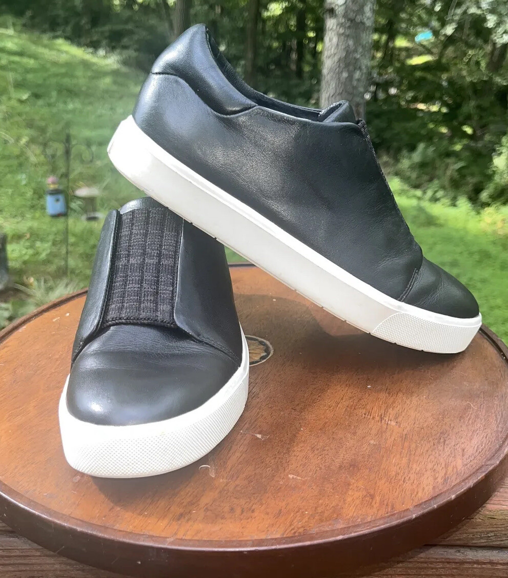 Vince Cantera Black Leather Top Knit Stretch Panel Slip On  display picture 1