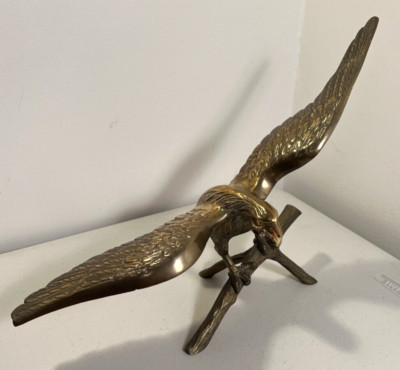 Large Brass Eagle On Tree Limb Spread Wings Figurine Beautiful!