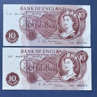 Two Bank Of England Ten Shilling Notes. Hollom (1962 66). Y10 & Y97.
