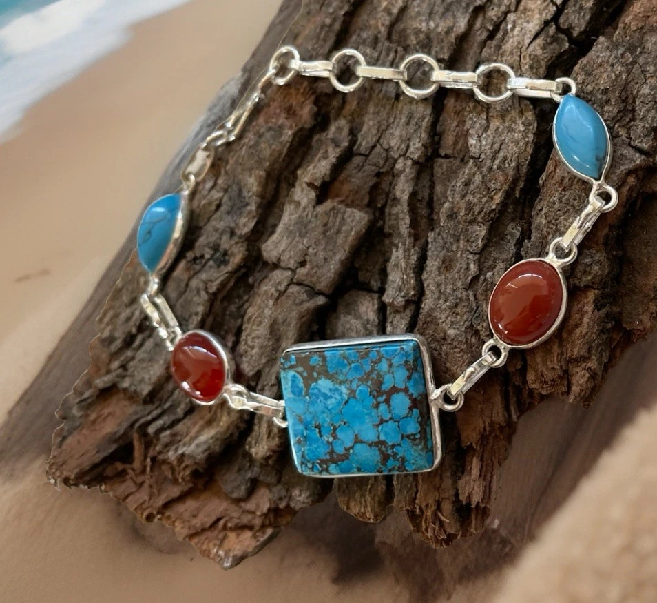 Браслет с бирюзой и сердоликом из драгоценных камней длиной 19 см - посеребренный - новый - Изображение 3 из 4