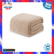 Fleece Bed Blanket Queen Size 90x90" Camel Soft Warm Waffle Textured Lightweight