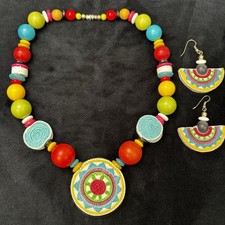 Colorful Wood Bead Necklace Earring Set Boho Statement Jewelry