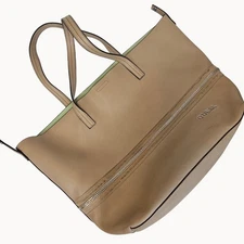 GUESS Beige Brown Green Lined Handbag Hobo Tote Bag Faux Leather Purse XL