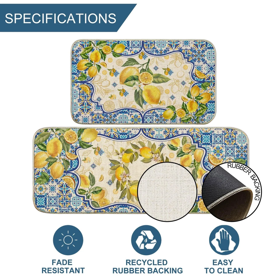 Alfombra de cocina de limón amarilla y azul alfombra de cocina mediterránea decoración de verano azulejo... Foto 3 de 4
