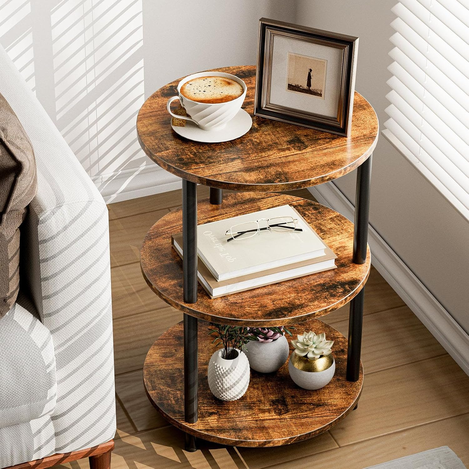 Small round End Table - 3 Tier Design Accent Table, Narrow Side or Bedside Stand