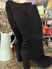 NEW TOP Moda Knee High Black Suede Laces Round Toe Zippered Heel Boot Size 10