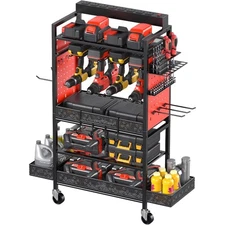 Garage Power Tools Organizer Cart with Charging Station, Red Floor Standing