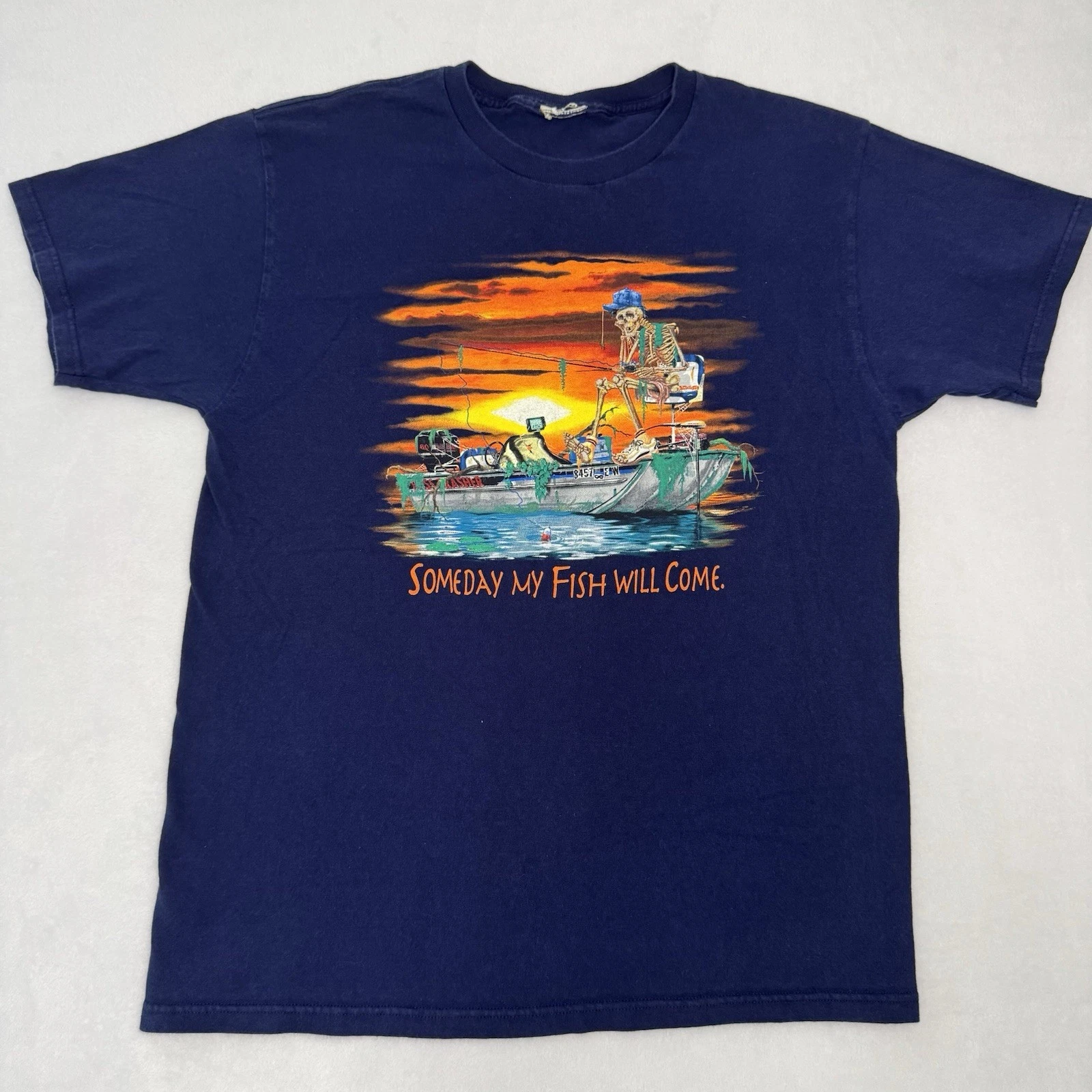 Vintage Skeleton Fishing Shirt Mens Sz L Someday My Fish Will Come