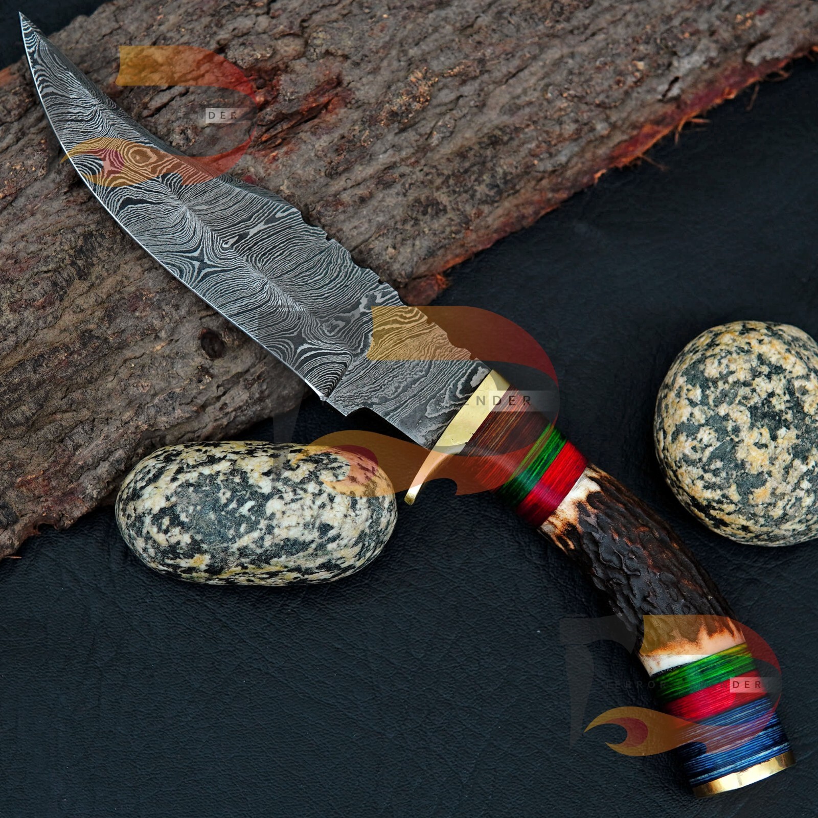 Rait Tail Custom Hand Forged Damascus Hunting/Skinning Knife Stag/Antler /Sheath