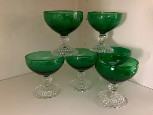 6 lot Anchor Hocking Bubble Foot Emerald Green Champagne 3 7/8” Dessert Glasses