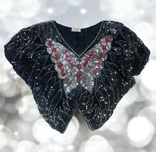 VTG SHE Sequin Beaded Butterfly Top Womens OS 70's Disco Retro Glam Silk Rayon
