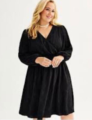 Draper James Women's Smocked Waist Dress Size 1X NWT Long Sleeves Black V-Neck