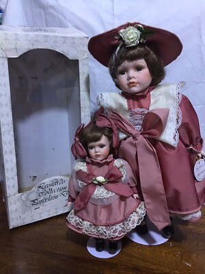 Porcelain Dolls Leonardo Collection Louise And Lydia On Stands 16” &10”  UK