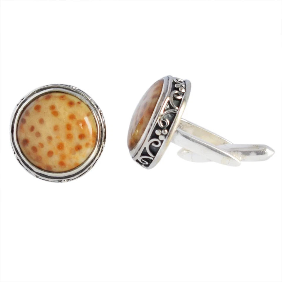 Gemelos redondos de jaspe de madera de palma de Louisiana 925 joyas regalo papá Foto 2 de 4