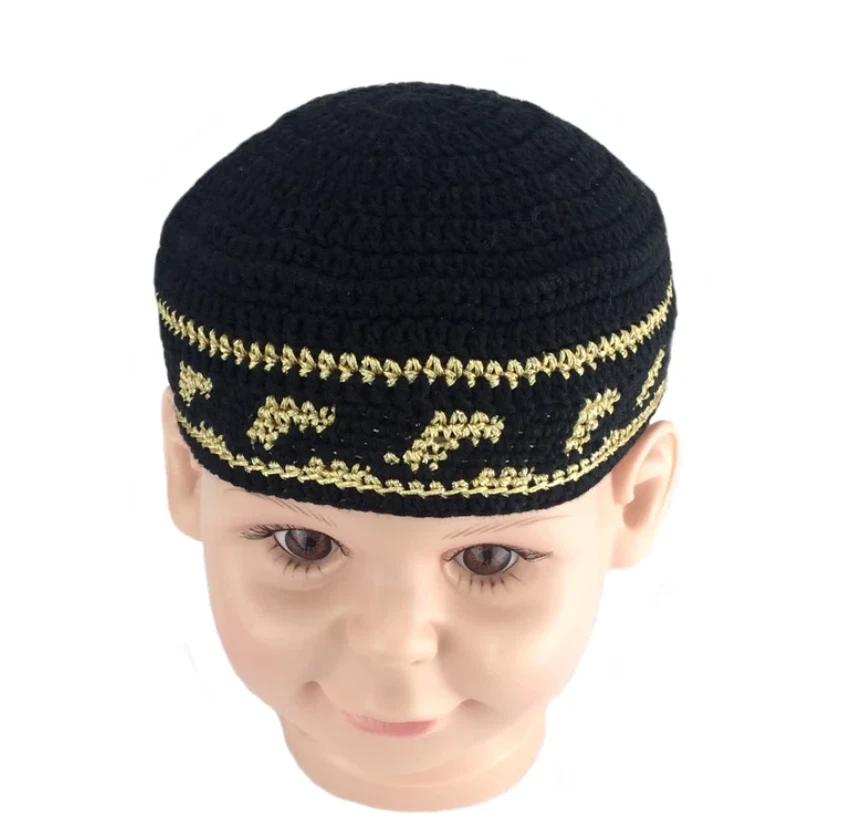 Negro y Dorado Hecho a Mano Bebé Kufi Musulmán Bebé Niño Regalo para Cumpleaños Foto 3 de 4