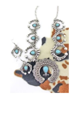 Southwestern Faux Turquoise Naja Squash Blossom Navajo Chain Necklace Set 16-19 