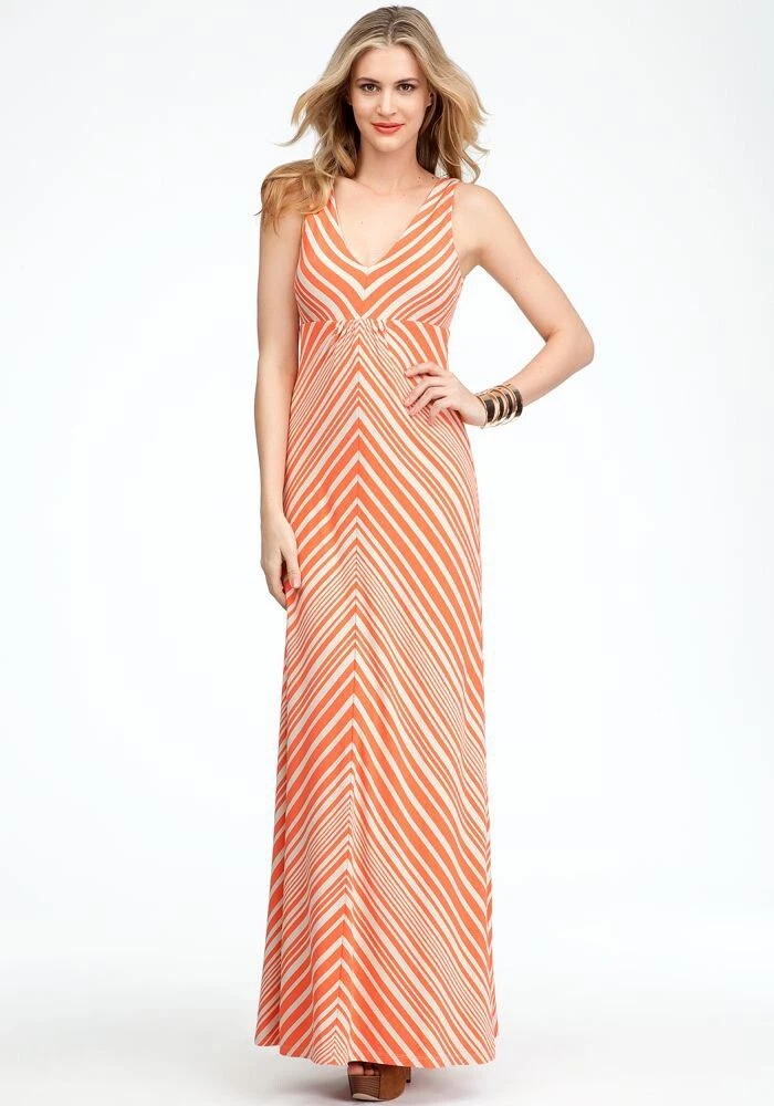 Bebe Chevron Maxi Dress Womenu0026#039;s Size XS Orange Sleeveless Pullover  Stretch Scoop | eBay