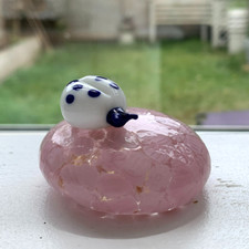 Vintage Ladybird Glass Paperweight, Murano Style Art Glass, Wildlife Floral Pink