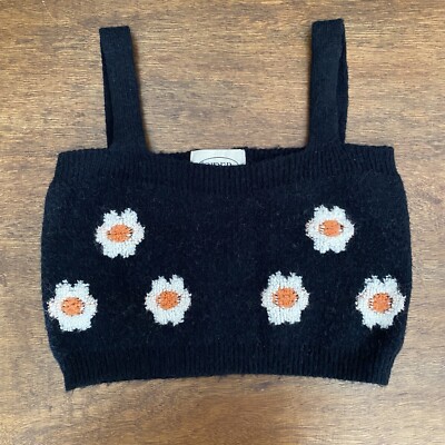Cider Tank Black Knit Cropped Top With Daisy Flower M 