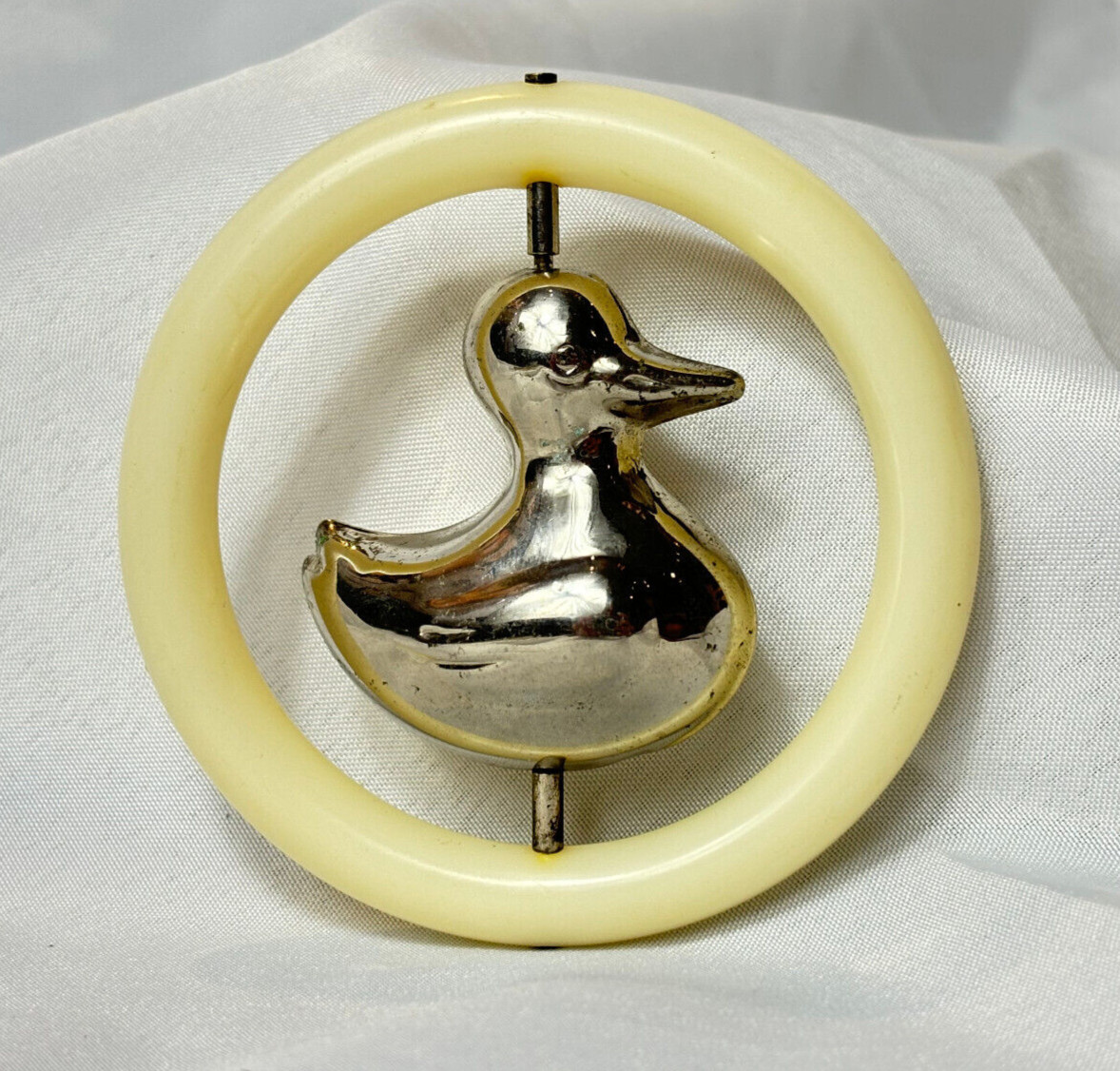 Vtg Silverplate Baby Teething Ring Spinning Duck Rattle Bell