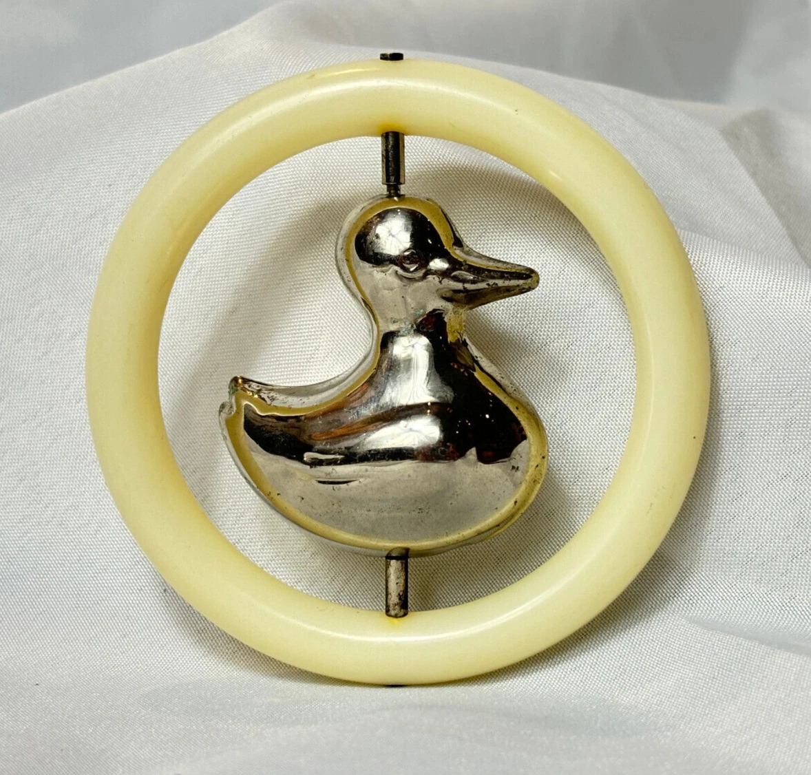 Vtg Silverplate Baby Teething Ring Spinning Duck Rattle Bell Chime Toy