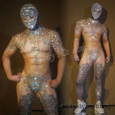 Men Rhinestone Bodysuit Elastic Jumpsuit Performance Rompers Stage Dance Costume