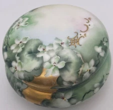 T&V Limoges France Hand Painted Covered Dresser Powder Jar Green Flowers Signed