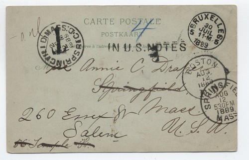 1889 incoming postage due Belgium postcard "4 in US notes" handstamp [45.568]