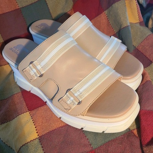Sorel Day Joanie III Slide Sandals Beige Chalk Leather Size 10 EUC - Picture 2 of 17