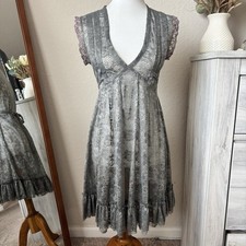 FARM Rio Gray Lace Midi Dress Sheer Ruffle Boho Fairy Tie Waist Whimsical Small