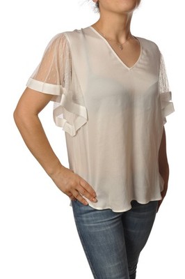 Twin Set Damen hemd blusa v-ausschnitt manica  corta in tulle con effetto plumet