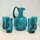 VTG 1960s BLENKO HTF PEACOCK Pitcher 656M + 4 Tumblers 418L Crackle Glass EUC!!