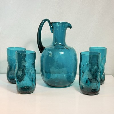 VTG 1960s BLENKO HTF PEACOCK Pitcher 656M + 4 Tumblers 418L Crackle Glass EUC!!