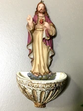 Vintage Holy Water Font Wall Decor Sacred Heart of Jesus Resin Hand-Painted 8"T